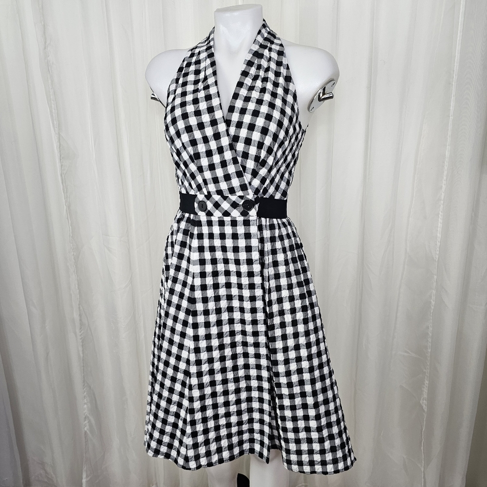 Nanette Lepore Love Parade Dress Black White Gingham Swingy Wrap Haltee Dress